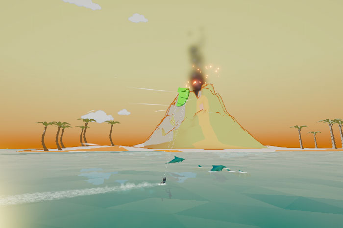 Gameplay from Winds Up Kitesurfing – dolphins and volcano